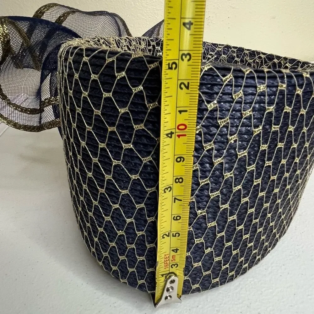 Vintage 80s Sylvia Church Lady Hat Navy Gold Metallic Mesh Netting Union Made US